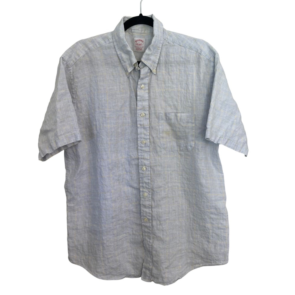 Brooks Brothers Irish Linen Short Sleeve Button Down Shirt Blue Yellow Large
